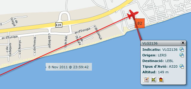 Avi aproximant-se a l'aeroport de Barcelona-El Prat per aterrar a la tercera pista, en configuraci est, sobrevolant Gav Mar dins de l'horari nocturn i amb un elevadssim impacte acstic (8 Novembre 2011 - 23:59h)